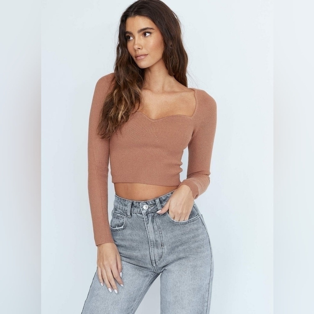 Princess Polly Long Sleeve Crop Top Brown Women's 2XL/3XL Sweetheart Ribbed‎